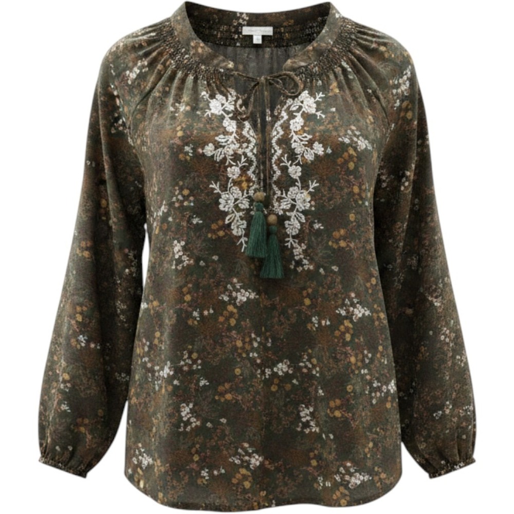 Mason & Belle Womens Olive Green Floral Embroidered Tassel Peasant Blouse Large